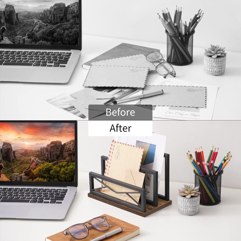 Snughome Desktop Mail Organizer  Desk Mail Organizer with 2-Slot Matte Black Metal Desktop Mail Sorter  Metal Storage File Holder Letter Sorter Organizer for Home or Office Desktop  Rustic Brown - Image 5